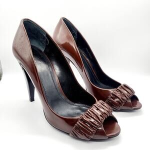 Burberry Chocolate Brown Ruffled Patent Leather Peep-toe Pumps Women's Size 37